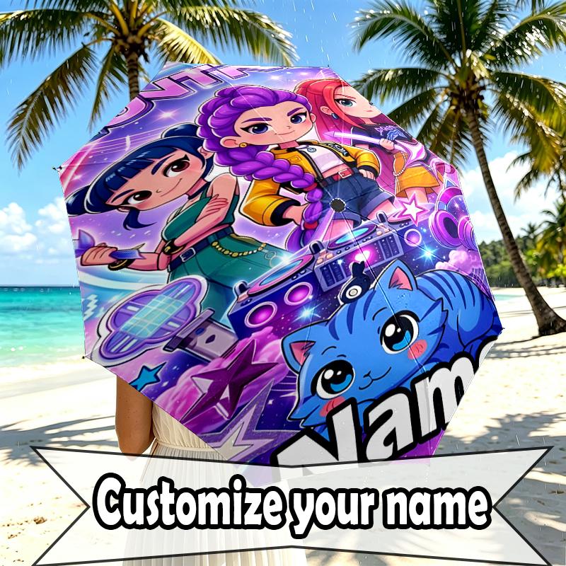 Custom Name Personalized KPop Demon Hunters Print Umbrella, Auto Open Close, 8‑Rib Sturdy Frame, Commute Camping Hiking Use, Birthday Gift