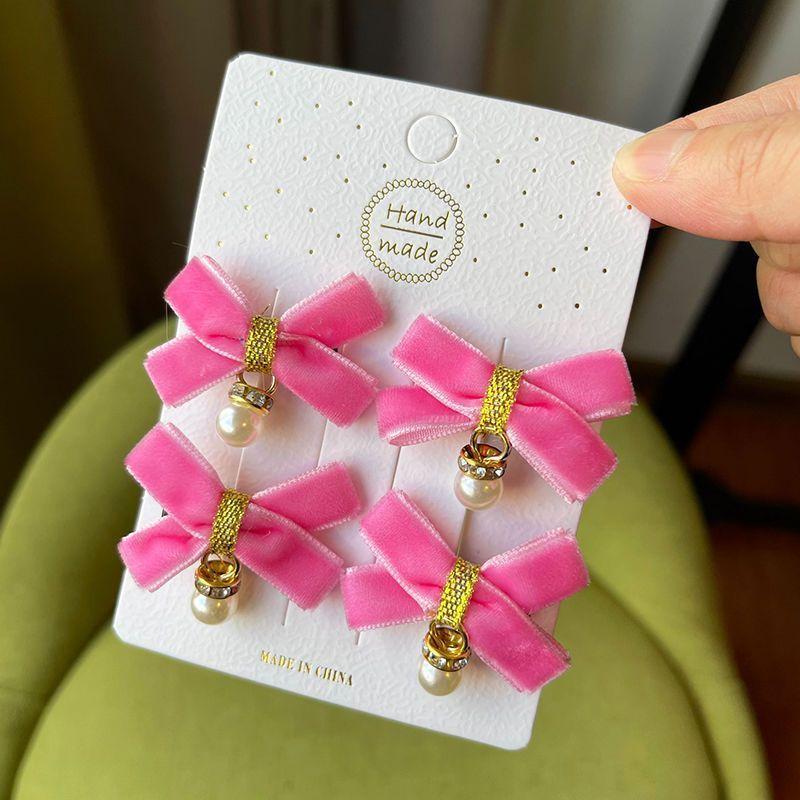 4PCS Lovely Velvet Bow Beads Baby Hairpins Kids Hair Clips Children Headwear Princess Barrette Girls Hair Accessories