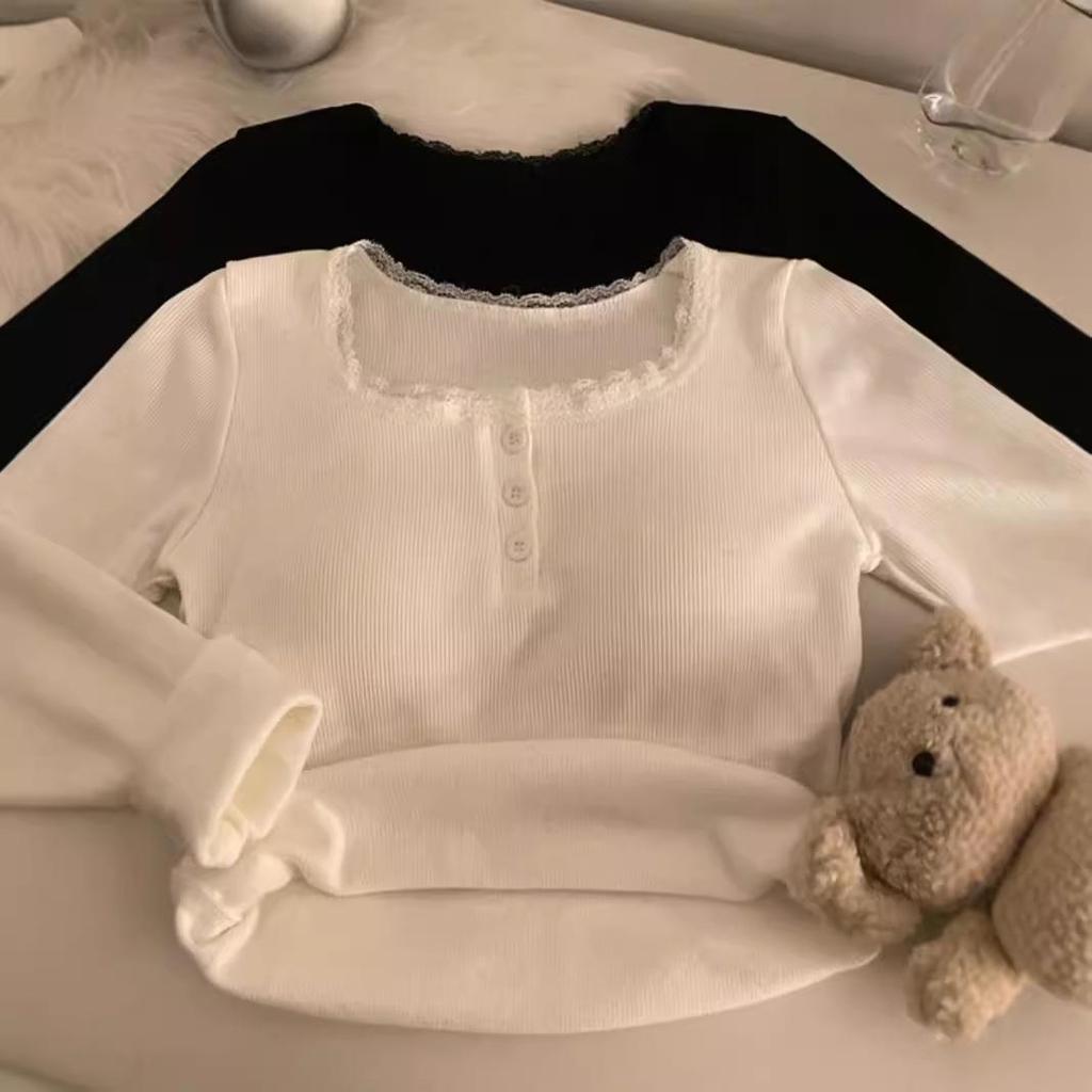 Women's Autumn/Winter Korean Square Collar Velvet Top - Warm, Slim Fit, Long Sleeve Shirt