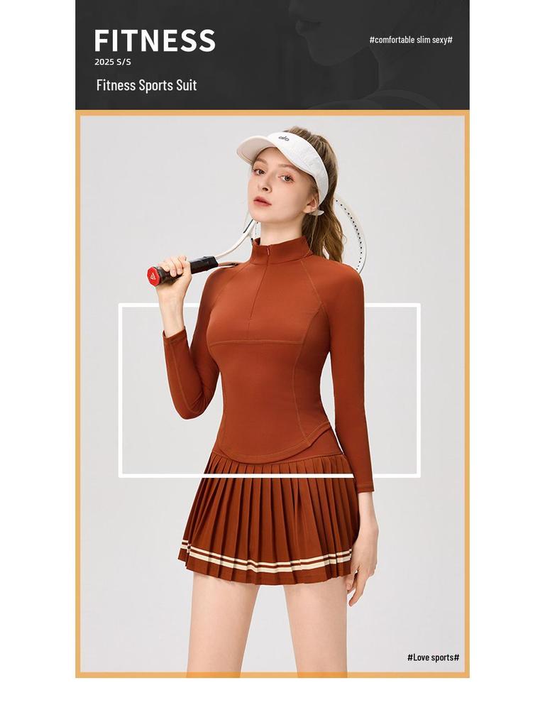 Women's Slim Fit College Style Tennis Set: Long Sleeve Top & Striped Pleated Skirt