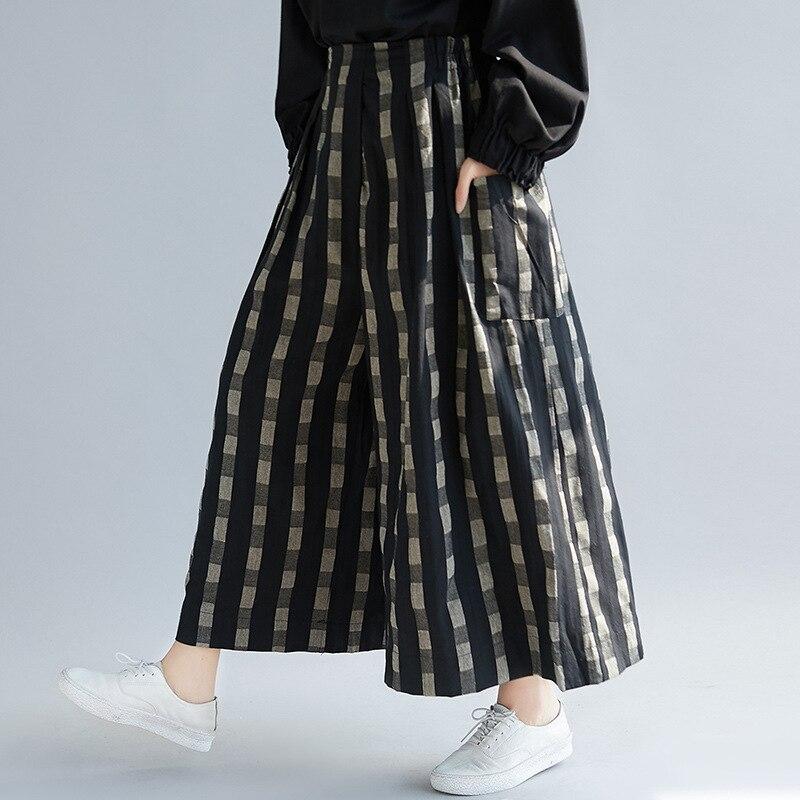 Johnature Vintage kostkované volné široké široké kalhoty jaro léto dámské kalhoty s elastickým pasem, ke kotníkům