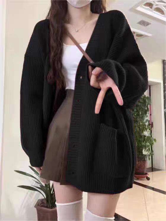 New Autumn/Winter V-neck Wool Cardigan: Women's Korean Style, Single-Breasted, Loose Fit, Mid-Length Top.