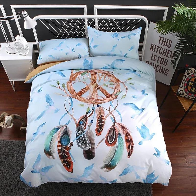 Dreamcatcher Duvet Cover Sets Bohemian Magic Feather Blue Galaxy Bedding Set Luxury Dream Catcher Comforter Cover Set Full Size