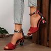 Women 2025 Summer Shoes Sqaure High Sandals Vintage Flower Print Open Toe High Heels Woman Casual Buckle Ankle Strap Sandalse