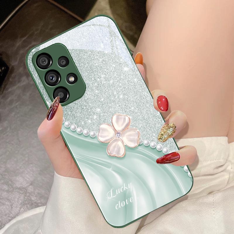 Vierblättriges Kleeblatt Weiß Für Samsung Galaxy S10 4G S20 11E 30 S21 21Fe 22 S24 Pro S23 Ultra 5G S8 S9 Gehärtetes Glas Handyhülle