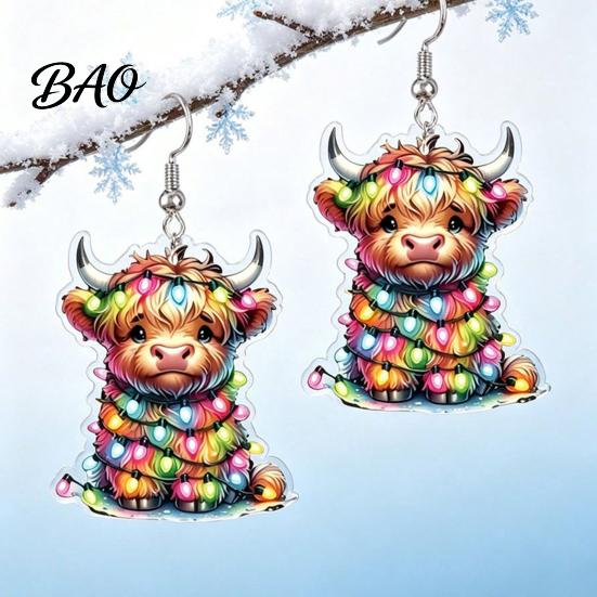 Fun Daily Wear Accessories 1 Pair Acrylic Highland Cow Christmas Earrings for Women, Cute Scottish Cattle Holiday Gift Her Dangle Drop Earrings,