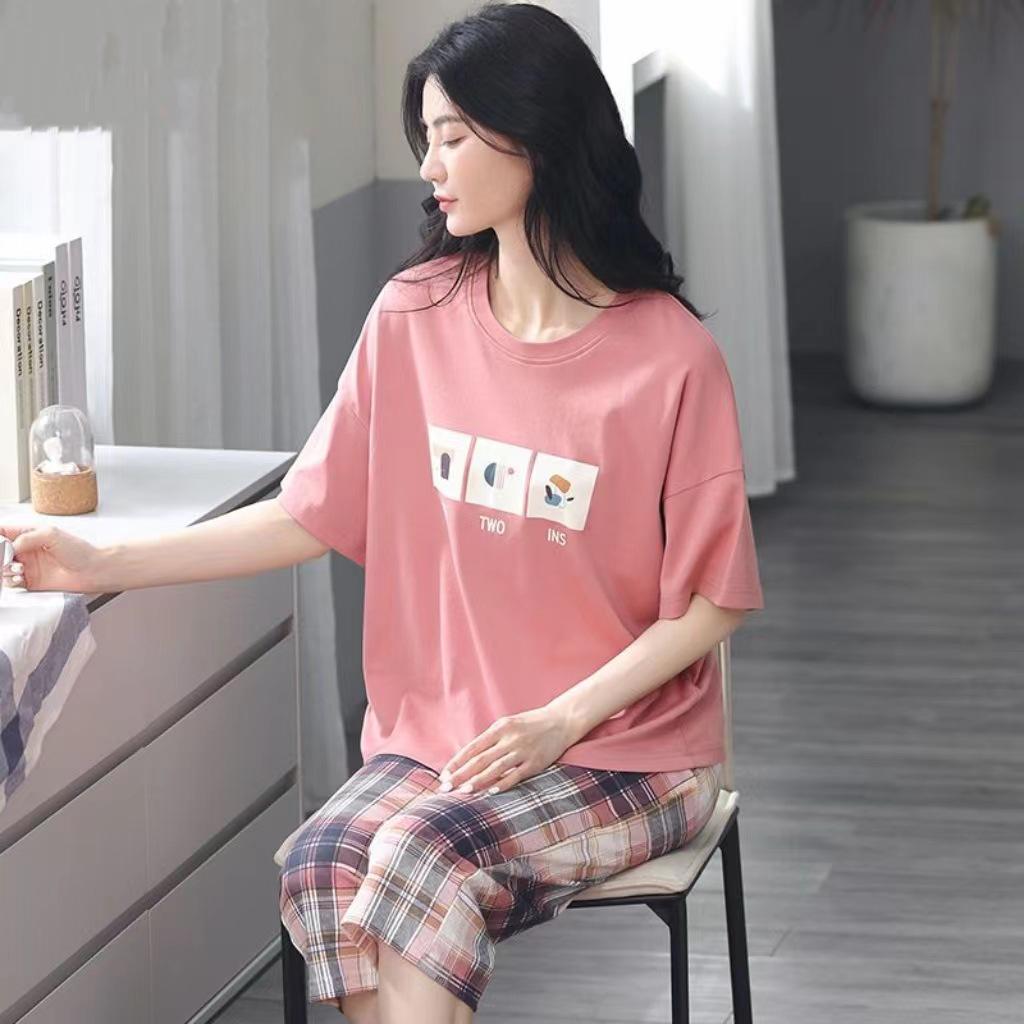 Women's Summer Korean Cartoon Pajama Set - Short-Sleeved Top with Seven-Point Pants