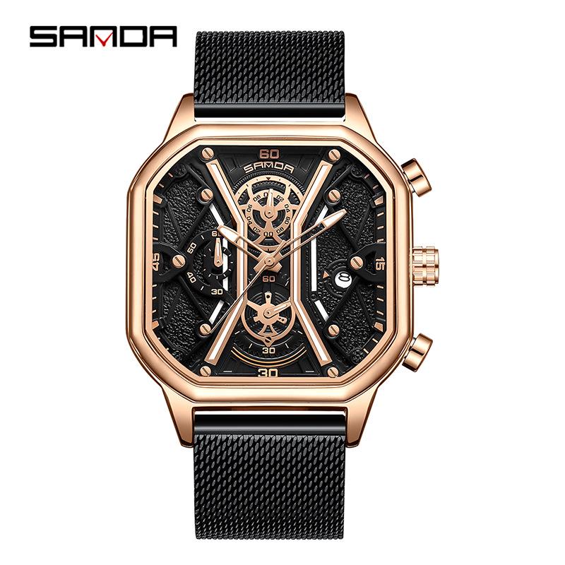 SANDA Trendy Men s Square Quartz Watch - Fashionable Multi-Function Calendar Wristwatch