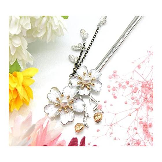 Miaomyao Hairpin Kanzashi Single Prong Hair Stick for Japanese Kimono, Metal Antique Cubic Zirconia, Couple Double Flower, Cherry Blossom, Petals,
