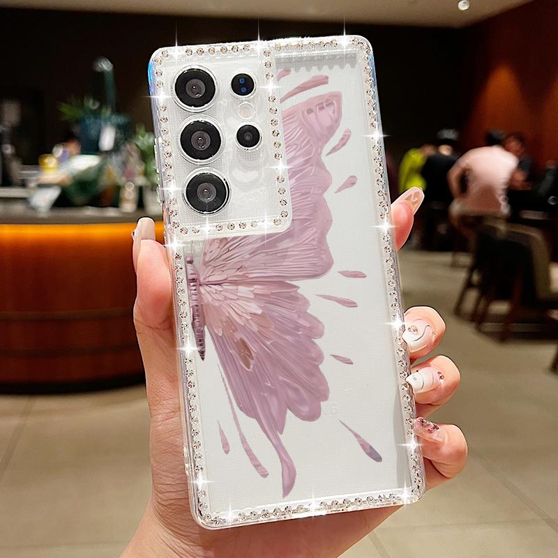 Butterfly Pattern Clear Phone Case For Samsung S25 Ultra S24 FE S23 S22 A56 A36 A16 A15 A55 A35 Diamond Frame Shockproof Soft Silicone Cover