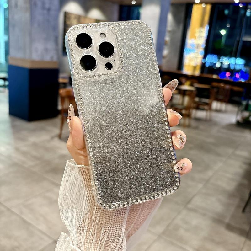 

Для iPhone 16E 15 Pro Max 14 Pro 13 12 11 чехол для телефона Diamond Frame TPU прозрачный тонкий противоударный защита линз мягкая прозрачная блестящая задняя крышка iPhone 16E чёрный