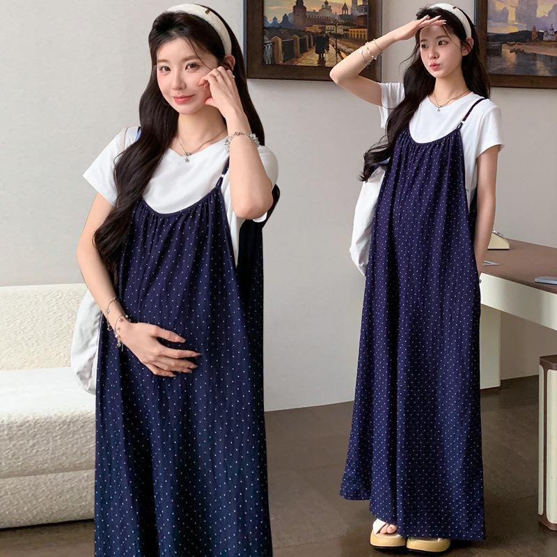 Summer Maternity Set: Faux Denim Polka Dot Overalls & White T-Shirt XL