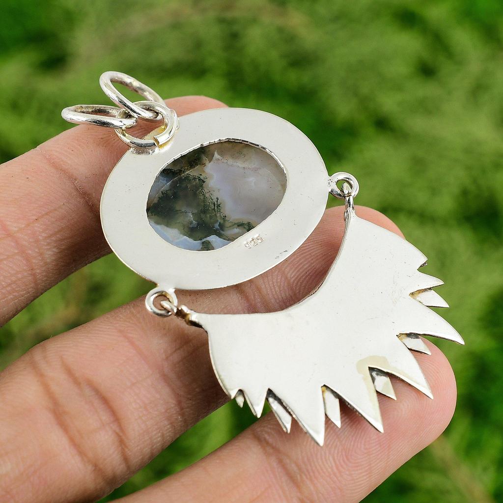 Daughters Day Deal 925 Silver Oval Solar Moss Agate Stone Bezel Pendant Jewelry