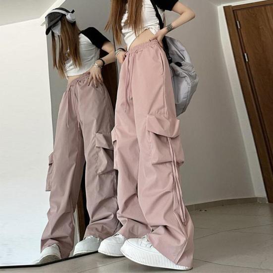 Retro Dámské Elastické Kalhoty Cargo Kalhoty s vysokým pasem Stahovací šňůrka Více kapes Rovné Široké nohavice Ležérní Dlouhé kalhoty Streetwear