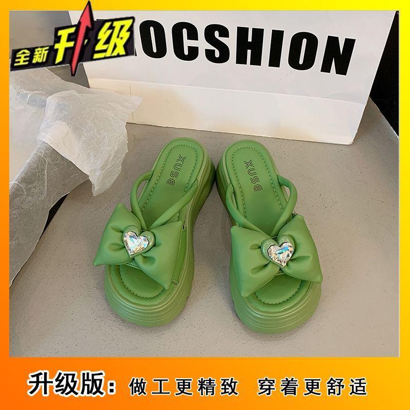 Muffin Versatile Bow Fairy Cool Slippers Girl 2025 New Summer Wear Thick Bottom Rhinestones Beach One-Flip