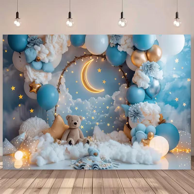 2D Teddy Bear Moon & Star Baby Shower Photography Backdrop