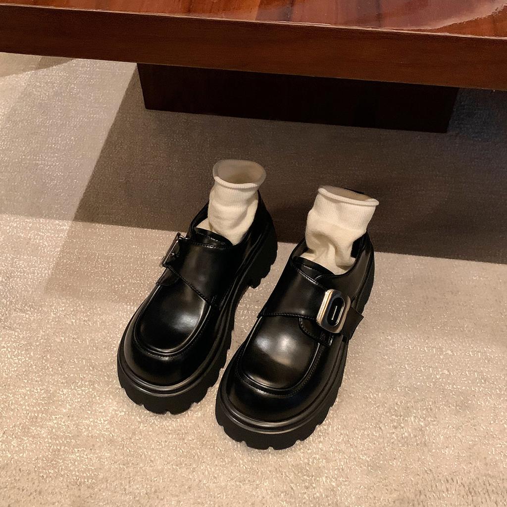 Grape Mother of the Same Style, College Style Square Buckle Lazy One-pedal Muffin Thick Heel Thick Sole Leather Loafers Small Leather Shoes