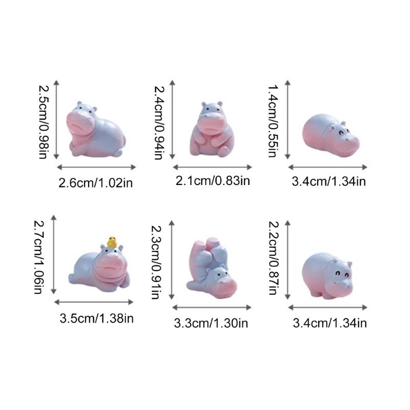 Pack of 6 Cute Hippo Figurines Resins Minaiture Ornaments Decors for Living Room Bedroom Office and Festives Celebration