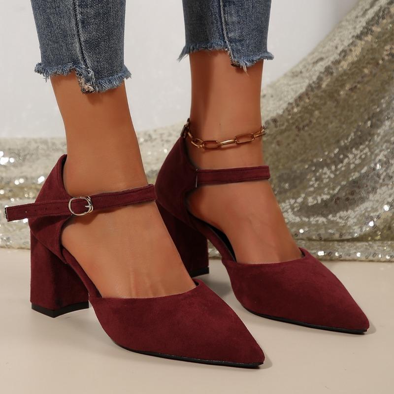 Ladies Shoes Ankle Buckle Strap Women's High Heel Elegant Dress Pumps Women Pointed Toe Solid Chunky Heels Shallow Sandals