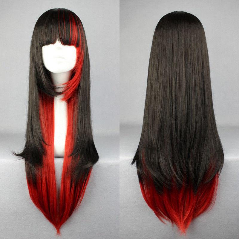 Long Straight Cosplay Wig Women Costume Party Black Red Ombre Heat Resistant Synthetic Hair Wigs