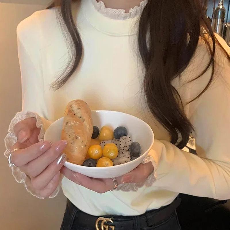 

Бархатная кружевная отделка Футболка с длинным рукавом - Осенне-зимняя мода Large абрикосовый