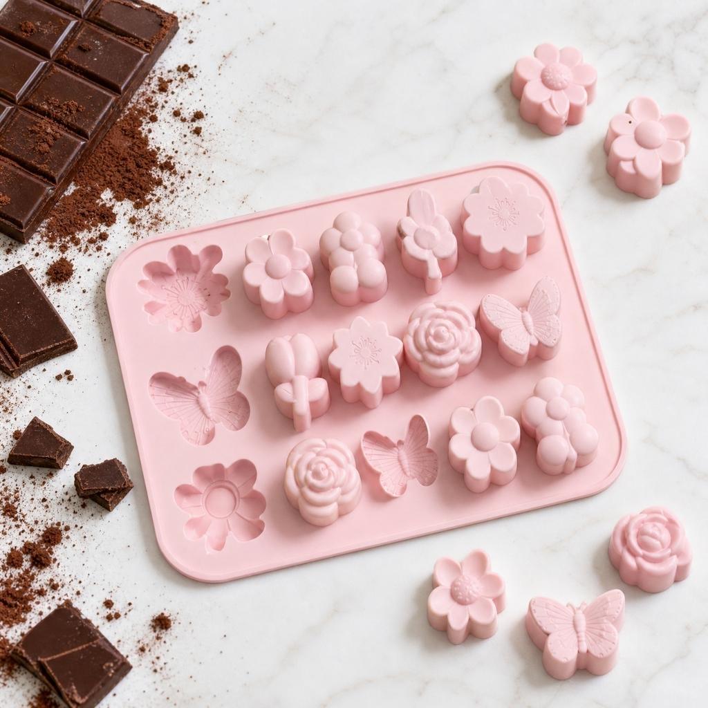 12-Cavity Silicone for Chocolate and , Food Grade, Easy Release Flower Butterfly Shapes