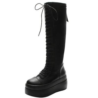 8CM Genuine Leather Spring Autumn Women Boots Knee ZIP High Motorcycle Boots Platform Wedge Women Winter Warm Boots Women Shoes