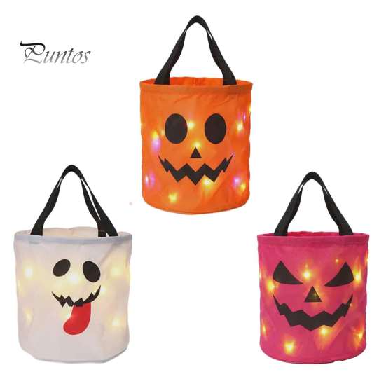 Outdoor Night Safety Props LED Light Up Halloween Bucket, Glow In The Dark Trick or Treat Candy Collapsible Decorative Pails Bag with Handle, Reusable
