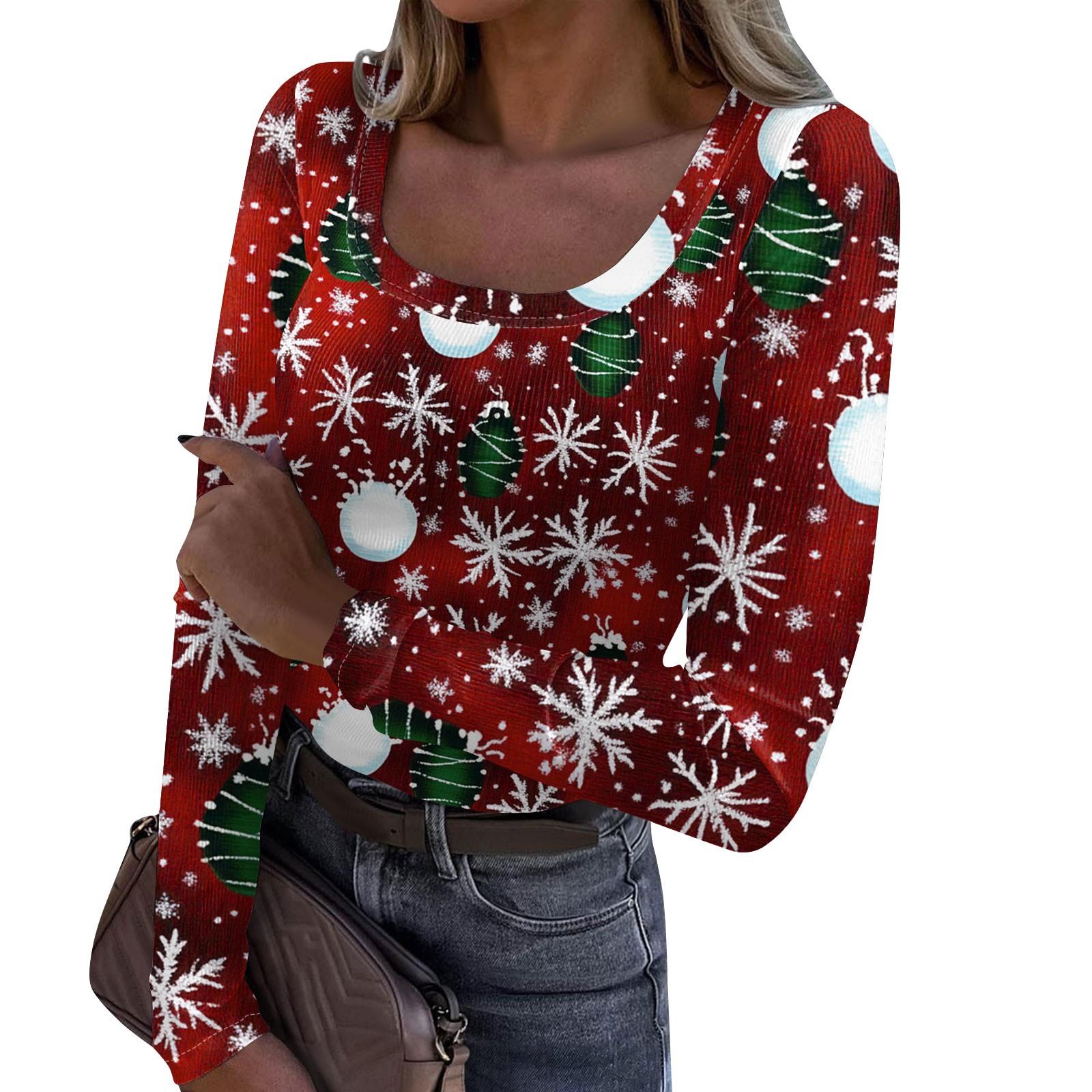

Женская модная футболка с тонким низом, рождественский принт, пуловер с U-образным вырезом и длинными рукавами S винный