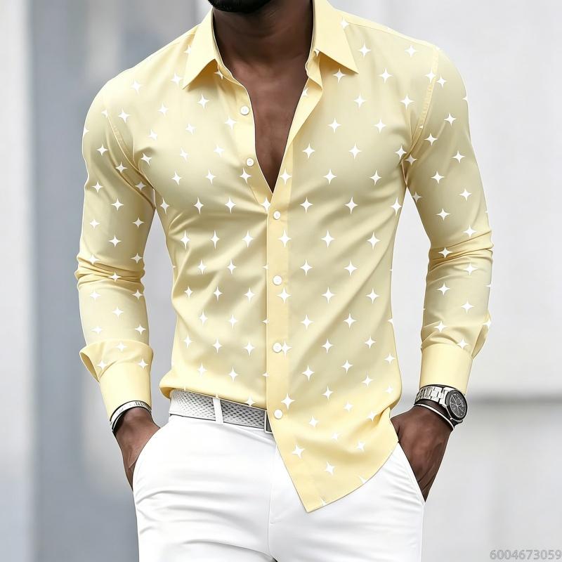 Men's Collared Long-sleeved Shirt, Classic Black Base with White Star Print, Slim Fit, Suitable for Commuting and Going Out.