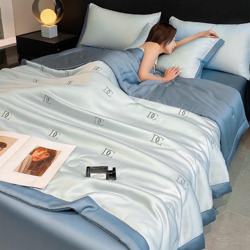 Embroidered Ice Silk Summer Quilt Set: 4-Piece, Machine Washable, Thin & Cool