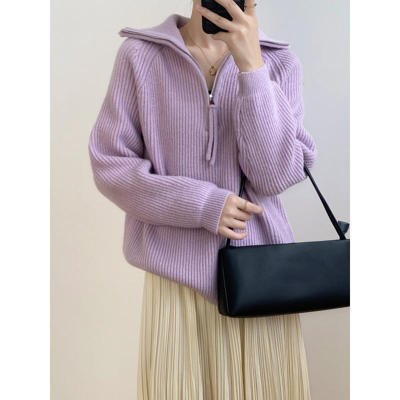 Lazy wind thickened lapel sweater women's autumn and winter soft waxy pullover zipper sweater knitted sweater jacket women