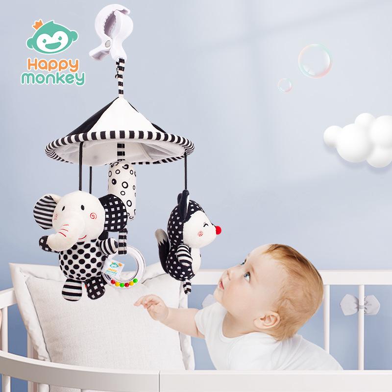 Happy Monkey Black & White Newborn Crib Mobile: Rotatable Wind Chime & Stroller Hanging Toy