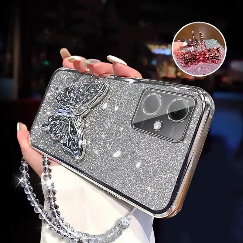 3D Butterfly Phone Holder Crystal Bracelet Glitter Plating Case for Xiaomi POCO X5 Pro 5G Back Cover