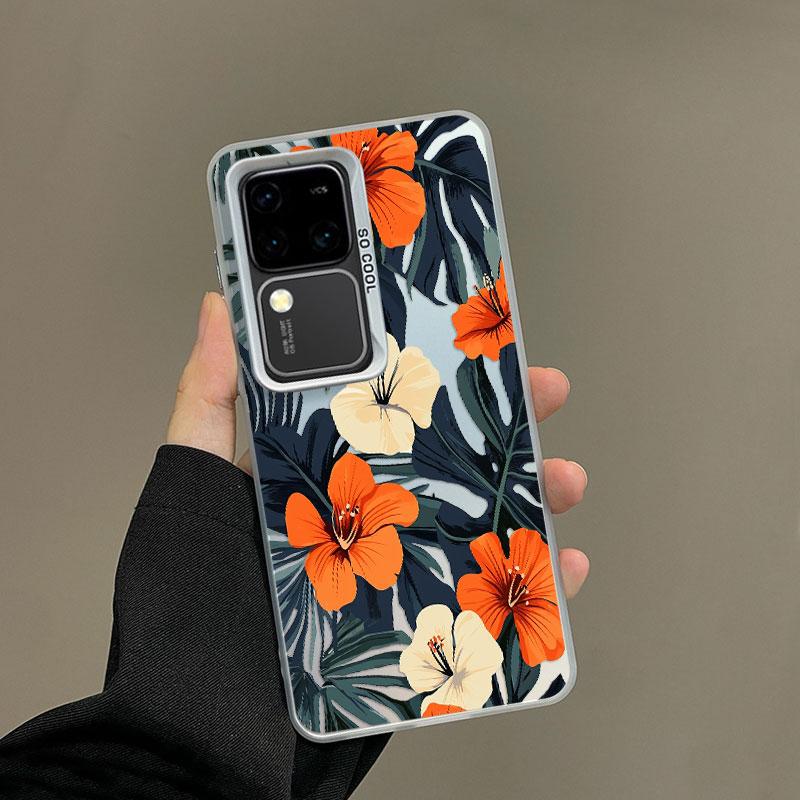 

For Samsung Galaxy S24 S23 Ultra Plus FE S25 S22 Ultra Plus S21 FE Laser Phone Case Green Leaf Orange Color Flower Print Covers Samsung S23
