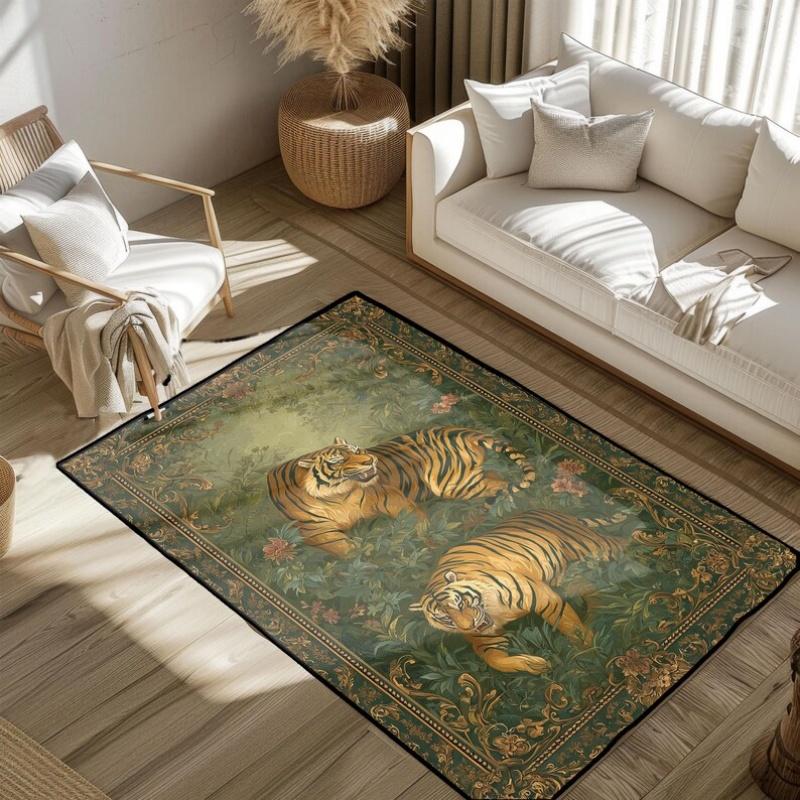 Art Tiger Animal Area Rug Vintage Floral Decor Non-slip Carpet Living Room Bedroom Large Size Soft Shaggy Floor Mat Asian Style