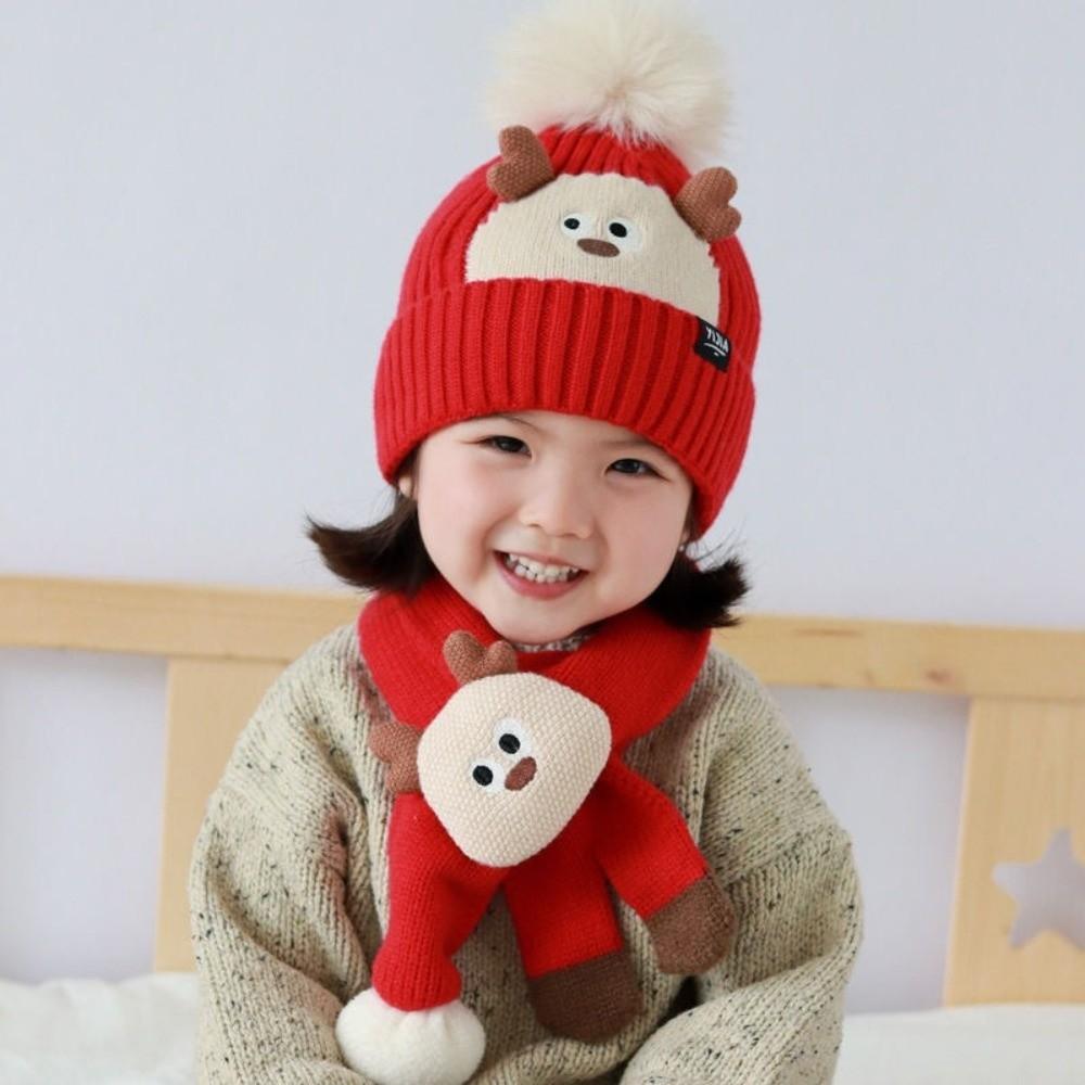 2Pcs Korean Style Children Hat Scarf Set Thickened Cartoon Warm Scarf Knitted Beanies Hat  Infant