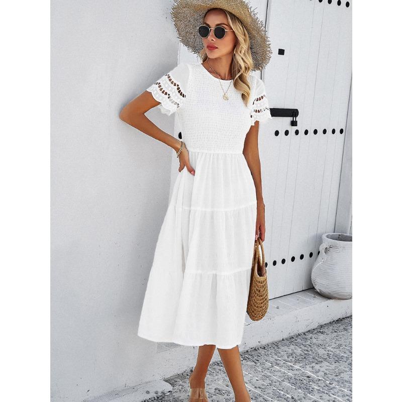 Women's Spring and Summer Temperament Solid Color Short-sleeved Hollowed Out Dresses