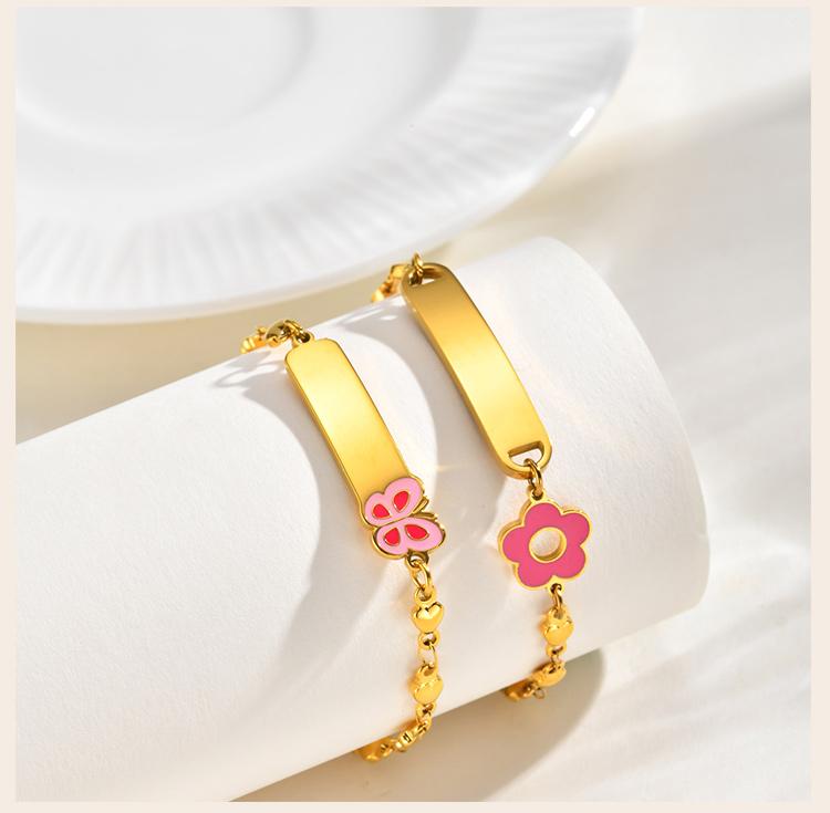 Kids Bracelet Flower Heart Charm Gold Plated Link Chain Newborn Toddler Birthday Gift No Engrave