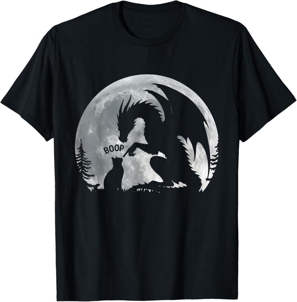 Dragon Boop Cat Under Full Moon Funny Cute Fantasy Night T-Shirt