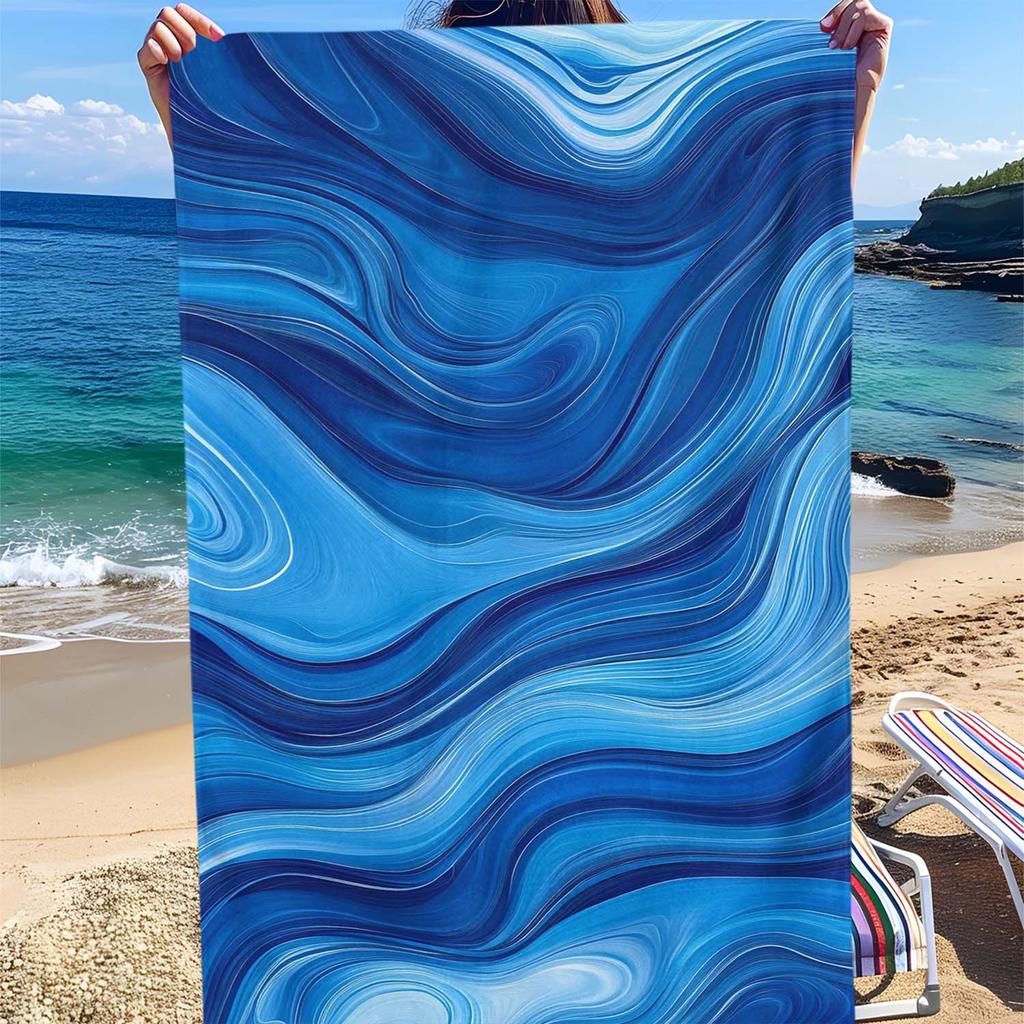 1pz Coperta da spiaggia per esterni, stampa a onde blu, Tappetino da spiaggia stampato portatile, Facile da pulire, Tessuto 100% poliestere