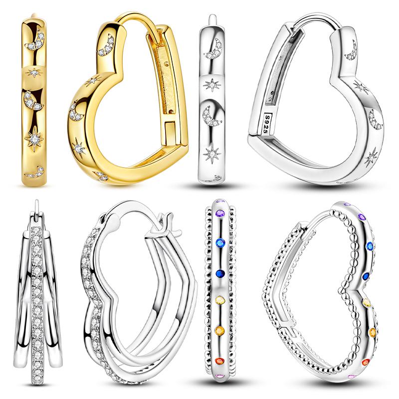 Earrings 925 Sterling Silver Hoop Earring Sparkling Heart-Shaped Star Moon Earrings For Women Jewelry Fine Birthday Party Gifts