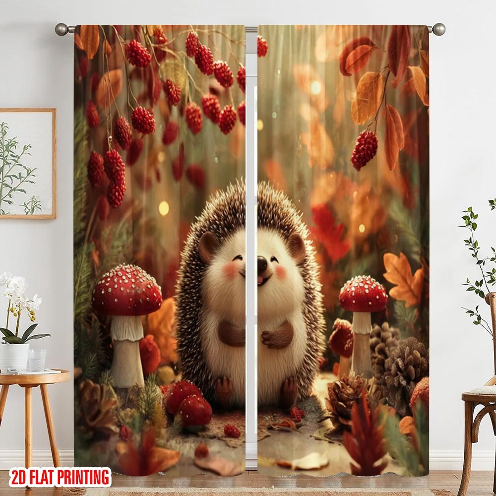 2pcs,2D Plane Printing Contemporary Curtains Happy Hedgehog Versatile Durable Polyester (without Rod) Holiday Perfect for Season