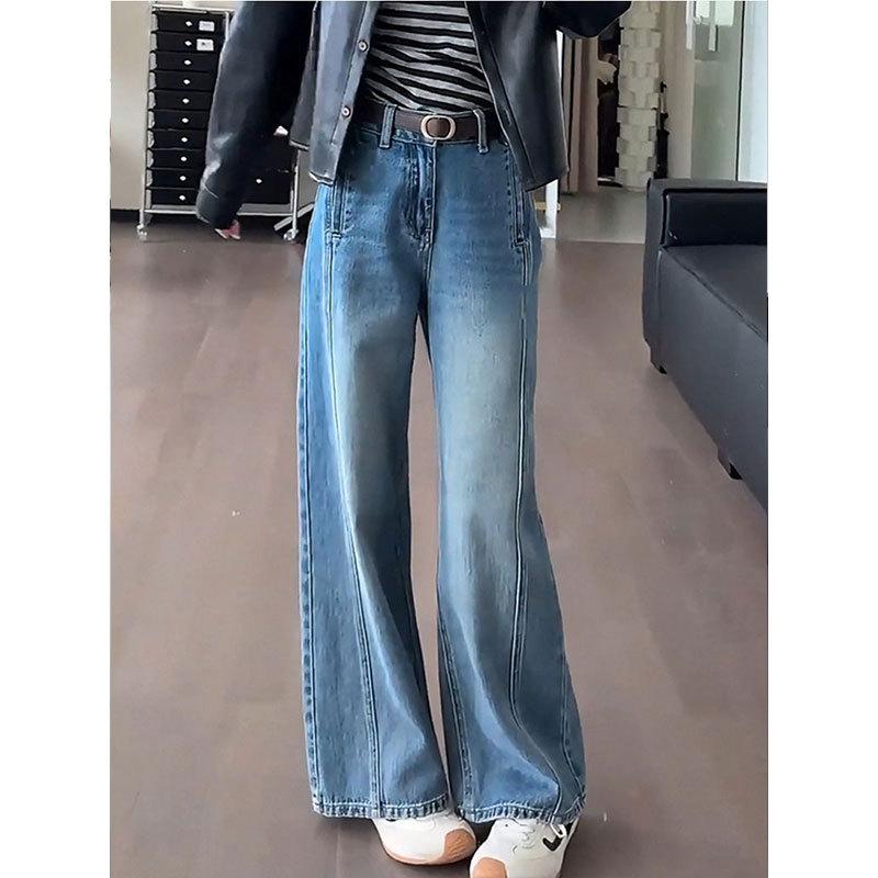 Women's High Waist Wide Leg Jeans Vintage Blue Solid Color Loose Bootcut Denim Trousers Lazy Commuter Long Pants