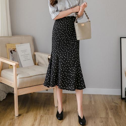 

Жіноча шифонова спідниця міді в горошок, довга спідниця з високою талією, корейська версія, що облягає стегна, середньої довжини, спідниця з риб’ячим хвостом XL чорний