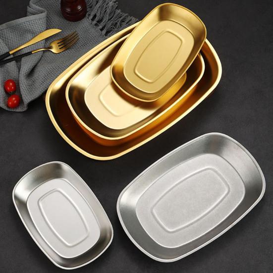 Korean Stainless Steel BBQ Grill Pan Gold/Silver Rectangular Tray for Hot Pot Nordic Dish for Meat Seafood Sushi