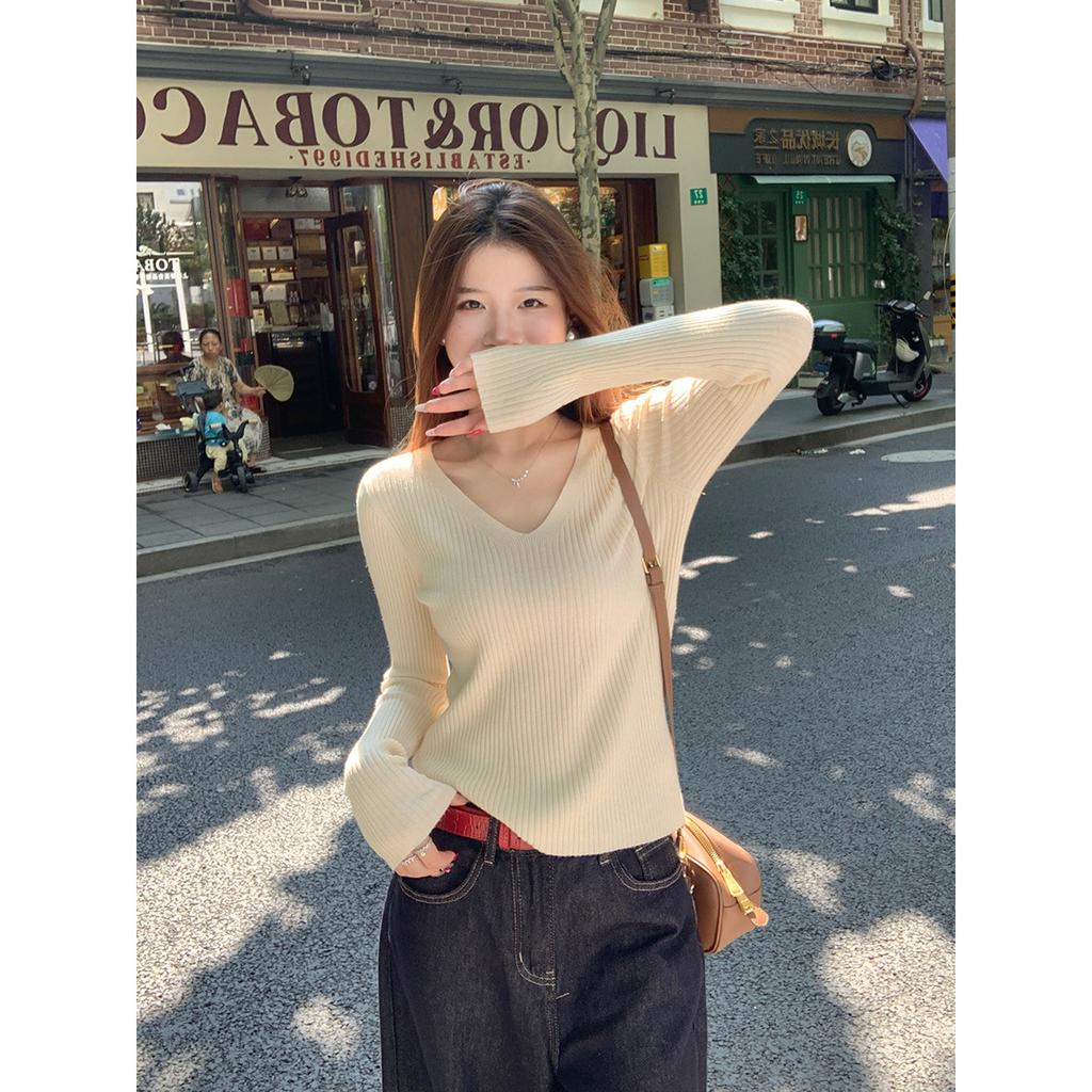Texture pit collar front shoulder knitted sweater women's autumn and winter fashion bottoming top with long sleeves inside