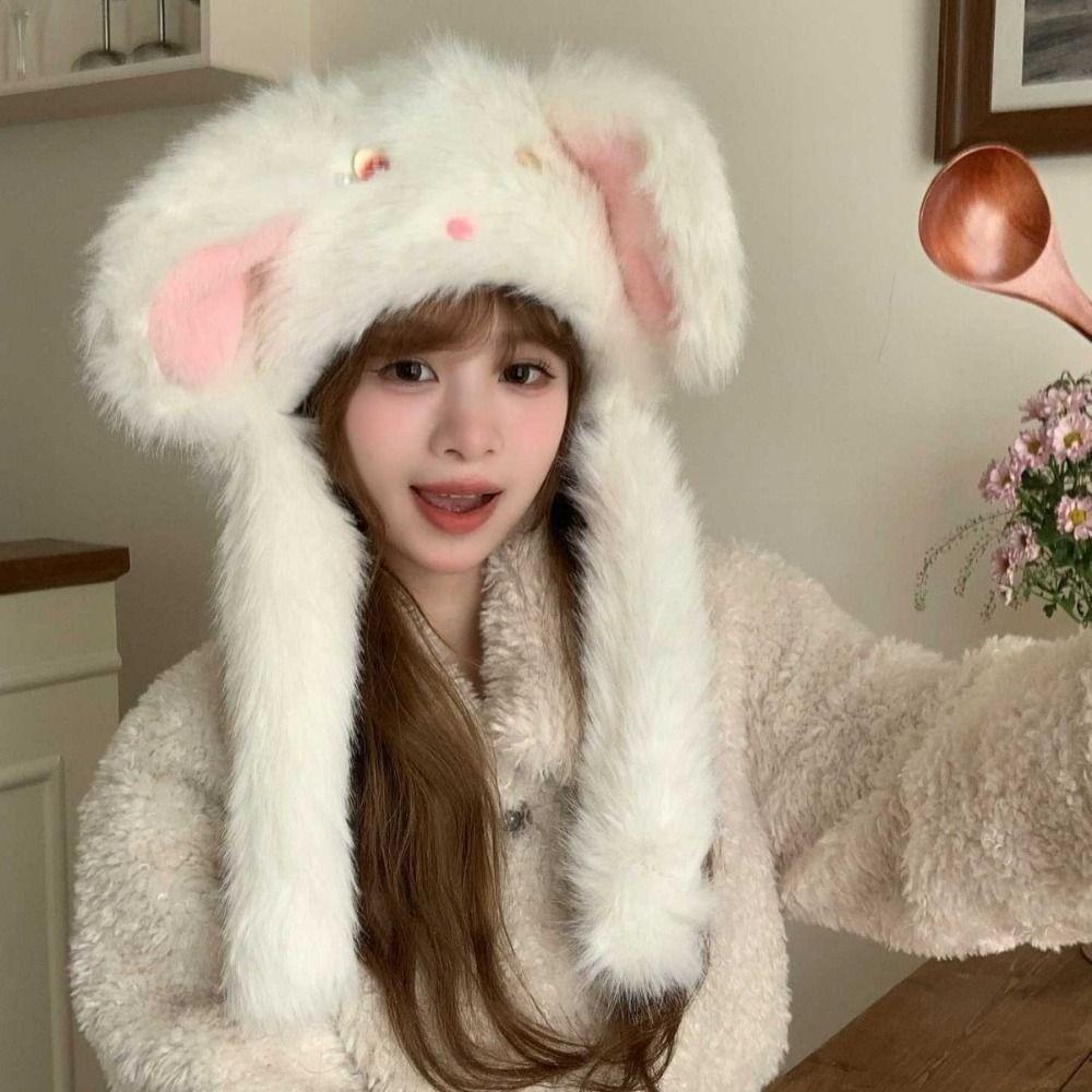 Thickened Rabbit Ear Hat Moving Ears Cartoon Animal Hat New Plush Winter Hat Cold Weather