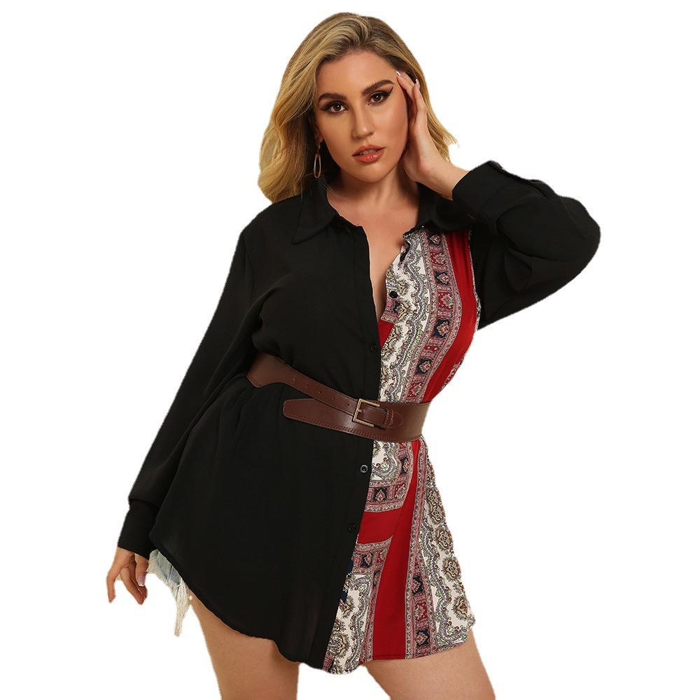 Dámská košile velké velikosti Jarní a podzimní Etnický větrný potisk Splicing Volný sexy košile s dlouhým rukávem