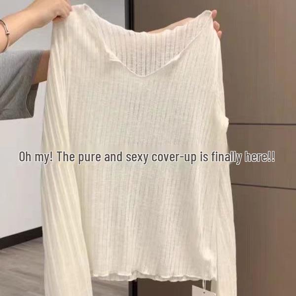 

French Spicy Girl V-Neck Ruffle Long Sleeve Sheer Cardigan T-Shirt Medium абрикосовий